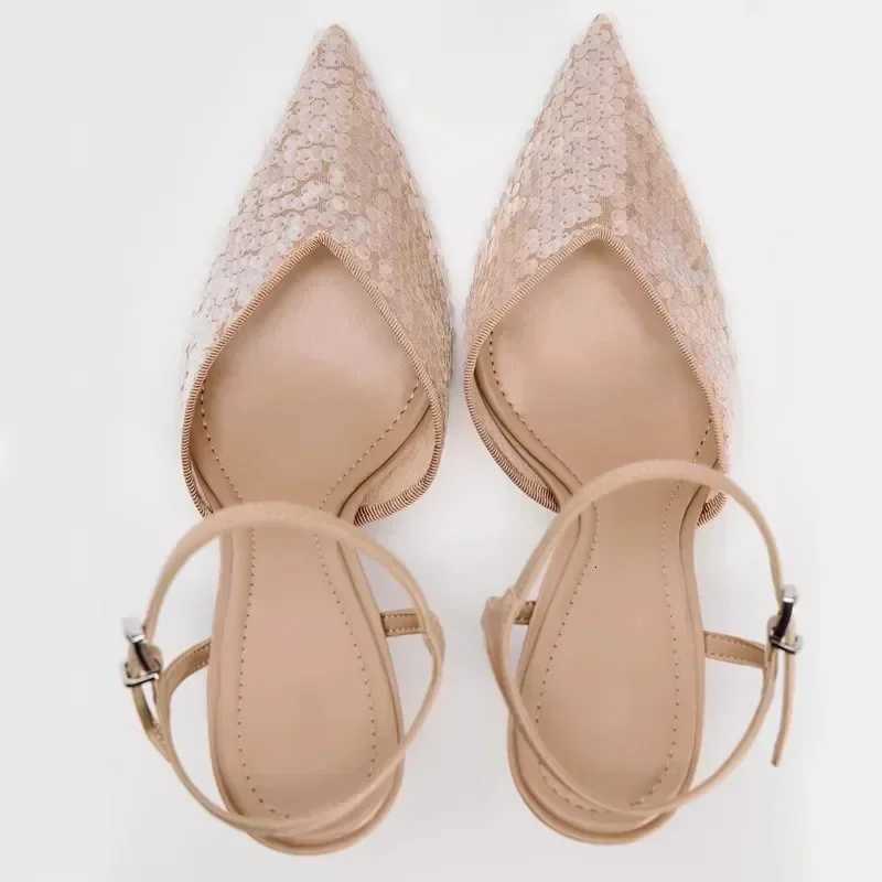 Luxury Designer Mesh Thin high Heeled Sandals Women Sexy Pointed Toe Bling Pumps Beige Open Heel Ankle Strap Wedding Party Shoes Z251015