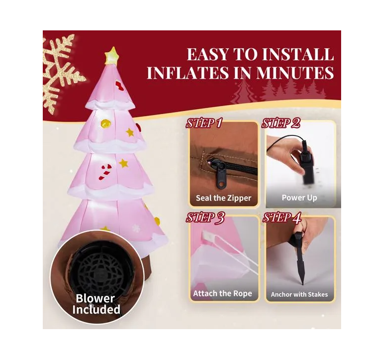 7.2FT Lighted Christmas Inflatable Decoration Inflatable Pink Christmas Tree Funny Blow Up Yard Decorations with Built-in LED Lights for Holiday Party