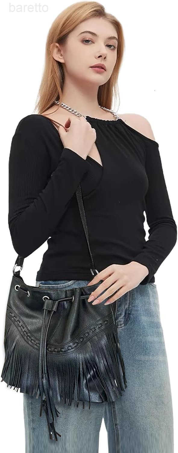 Fashion Women Bucket Fringe Hobo Bag Western Purse Vegan Leather Tassel Hippie Shoulder Crossbody Bag Z251017