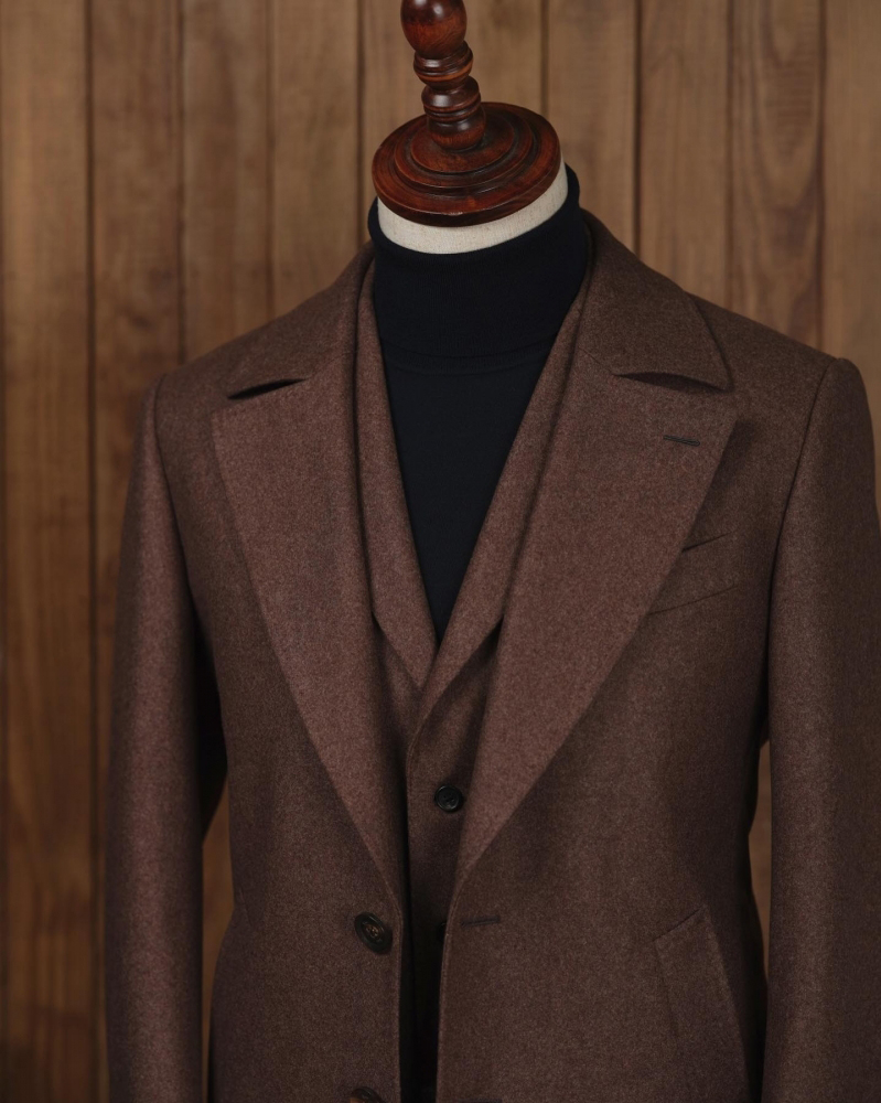 Customized Brown Wool Men Long Coat Winter Warm Business Groom Party Prom Jacket Wear Outfit One Piece
