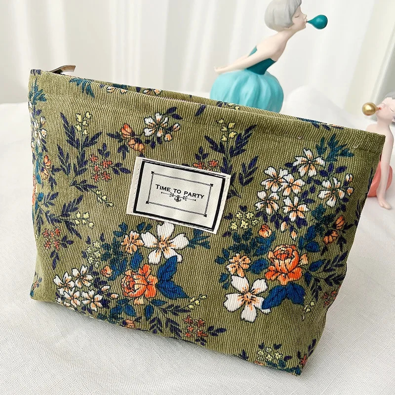 Corduroy Makeup Bag Organizer Clutch Retro Flower Print Cosmetic Bag Wash Women Travel Make Up Pouch Beauty Toilet Storage Cases251011