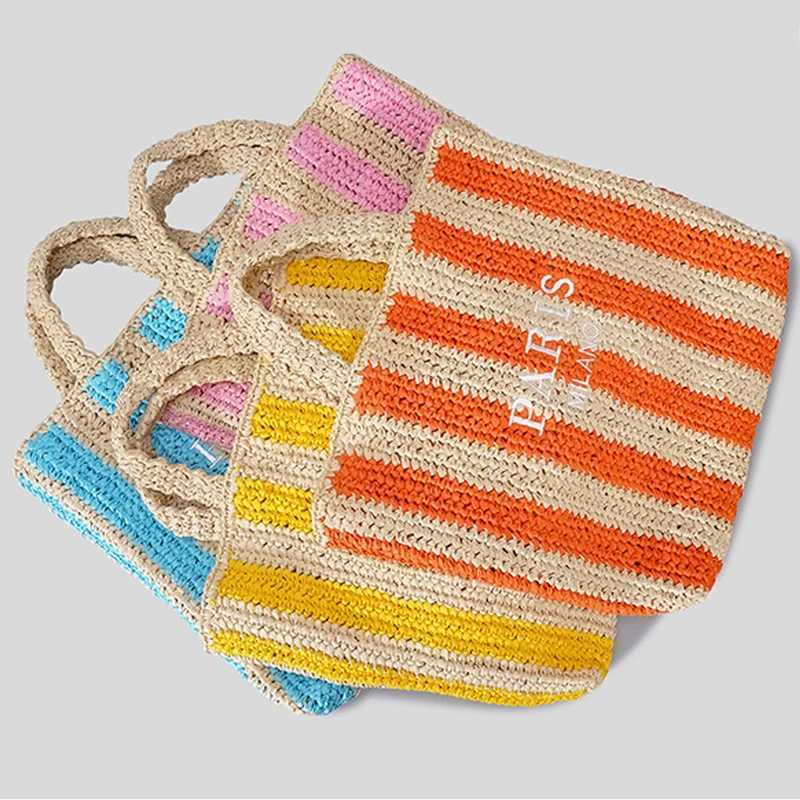 Casual Striped Straw Tote Bag Designer Letters Woven Women Handbags Handmade Summer Beach Bag Big Bali Travel Shopper Purse 2024 Z251017