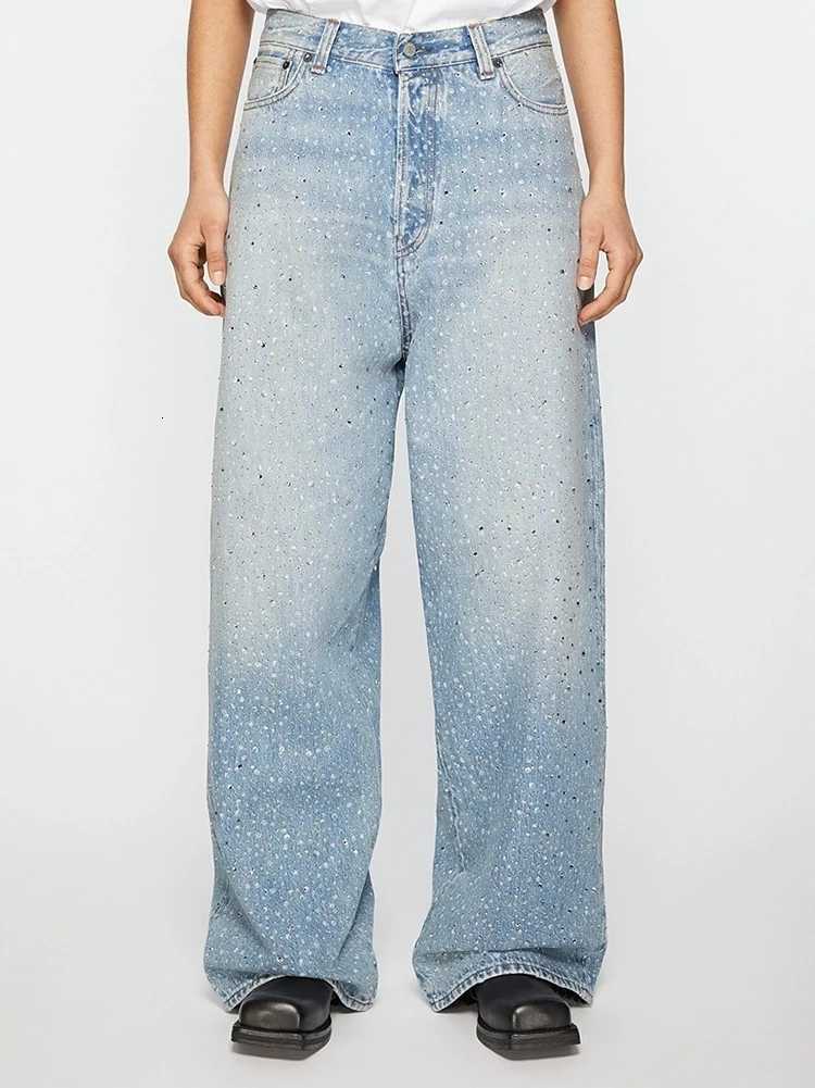 Full Rhinestone Print Washed Blue Baggy Jeans Mens and Women Ropa Hombre Streetwear Solid Casual Denim Trousers Loose Cargos Y251105