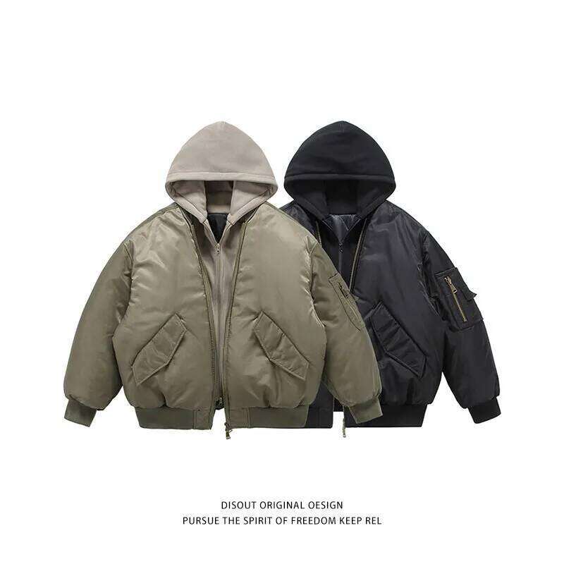 Fake Two Pilot Cotton Jackets Mens Winter New High Street Trend Thickening Hooded Bomber Coats Multiple Pockets Short Parkas Down Cotton