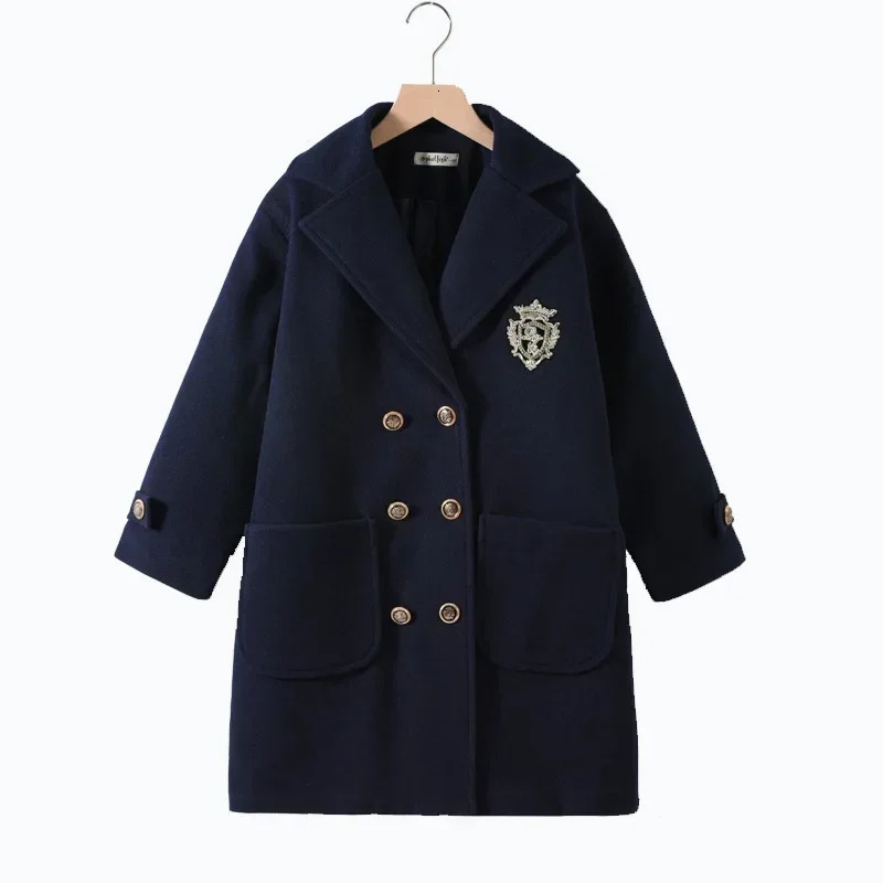 Teens Girls Winter Jacket Preppy Style Navy Midlength Wool Coat for Kids Thick Warm Casual Allmatch School Children Outerwear 251015