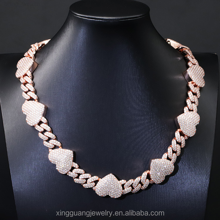 Yy Hot Sale Iced Out Heart Shape Design VVS Moissanite Cuban Lidynamic Chain Necklace 925 Silver Rapper Hip Hop Jewelry
