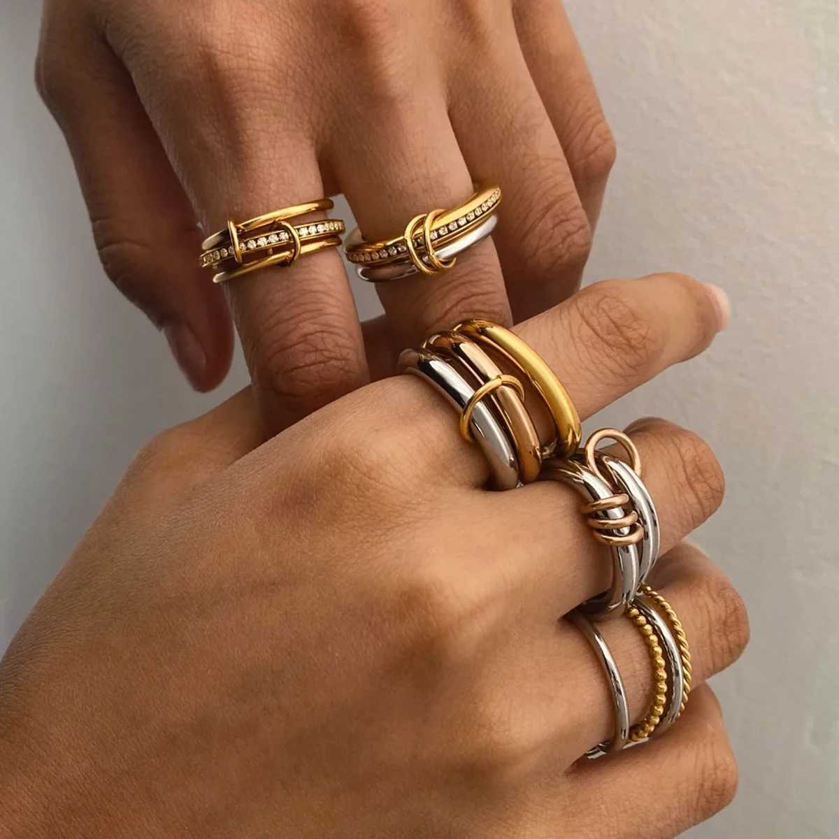 Multilayer Everly Stacked Ring Chunky Gold Plated Interlocking Zircon Multi Link Connected Rings Eternity Statement Jewelry Gift Z251017