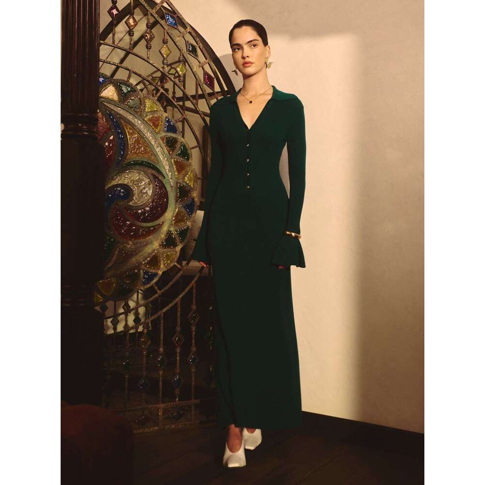 Flared Sleeve Turn-Down Collar Knitted Sweater For Women, Elegant Autumn And Winter Long Dress B5