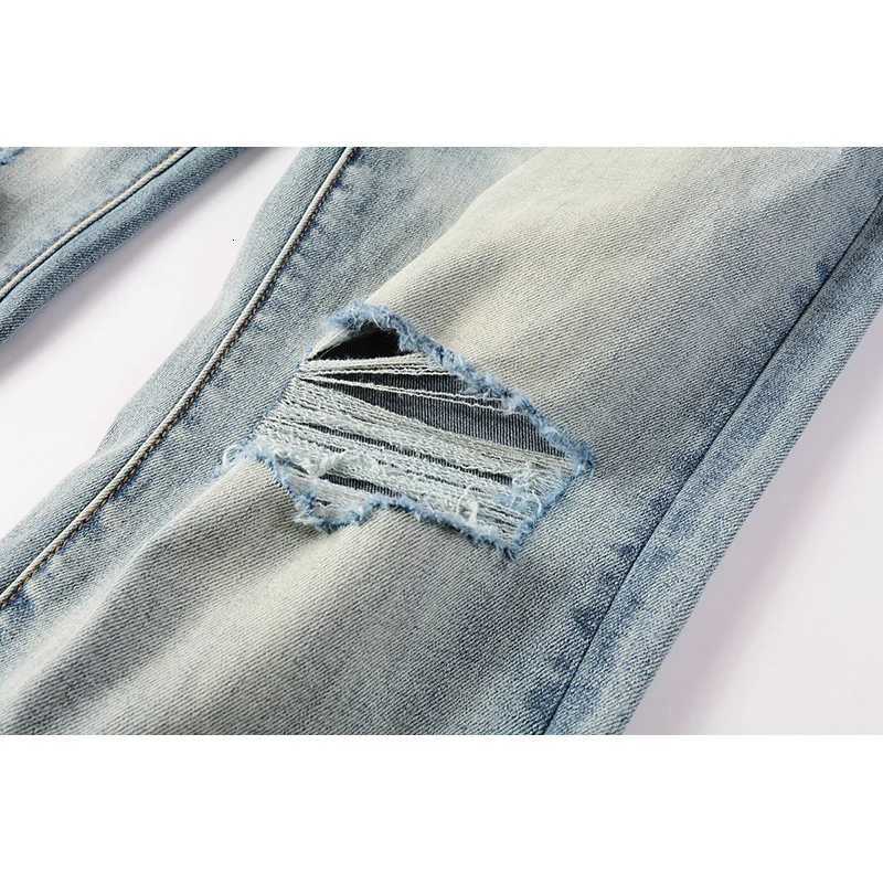 Mens 1 High Street Fashion Style Distressed Light Blue Stretch Skinny Damaged Holes Raw Hems Button Fly Ripped Jeans Men Y251105