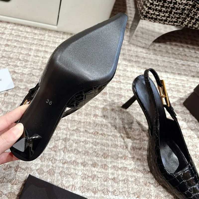 Patent Leather Pattern Thin High Heels Women Sexy Pointed Toe Metal Buckles Slingback Heeled Sandals Elegant Banquet Dress Shoes Z251015