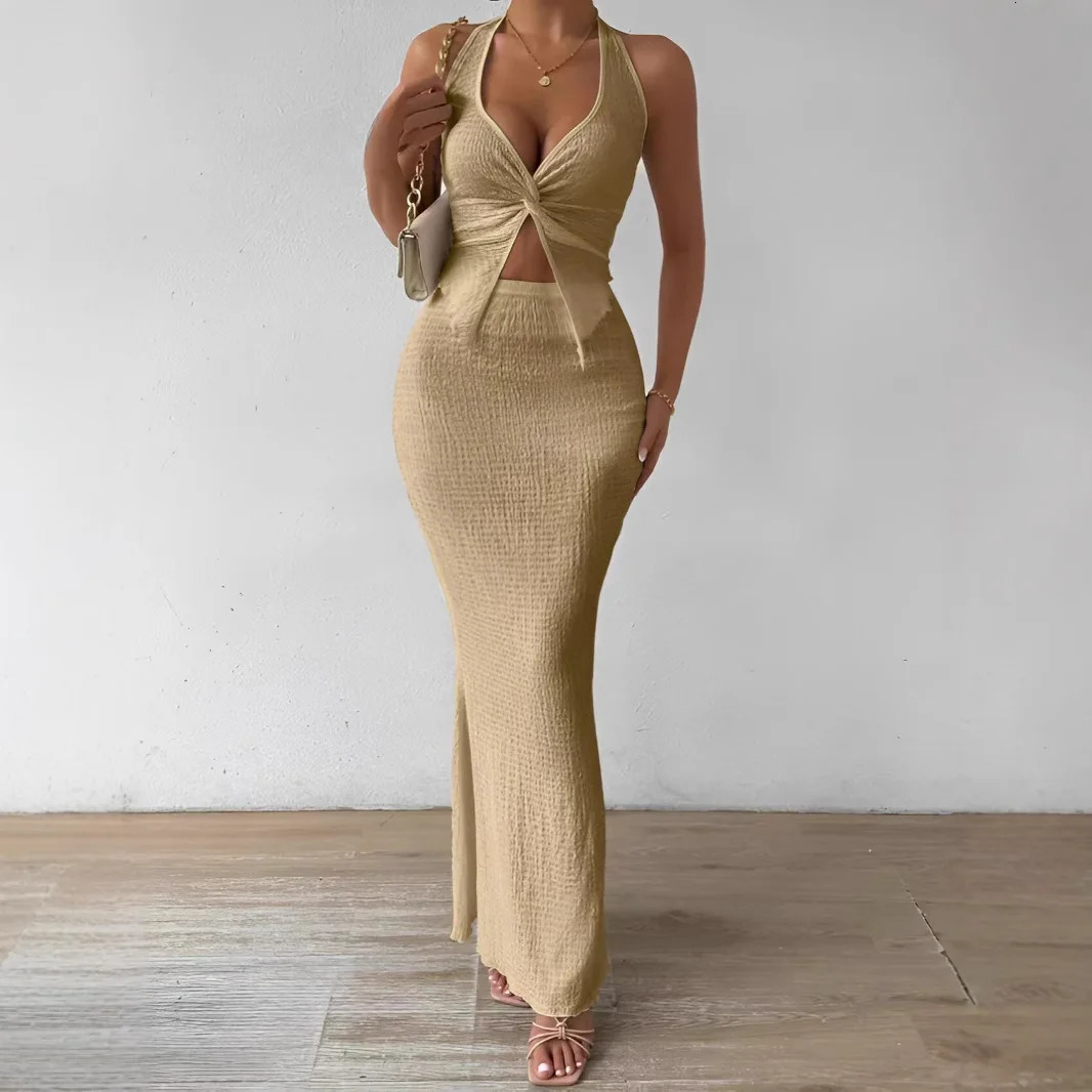 Fashion Women 2025 Summer Sexy Solid Color Hanging Neck Top Long Skirt Fashion Twopiece Set Tight And Elegant Twopiece Set 251017