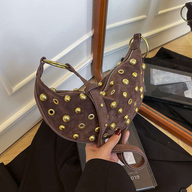 Fashion Womens Casual Bag Studded Heavy-duty Polka Dot Hollow Shoulder Bag Punk Style Crossbody Bag Metallic Crescent Women's Bag