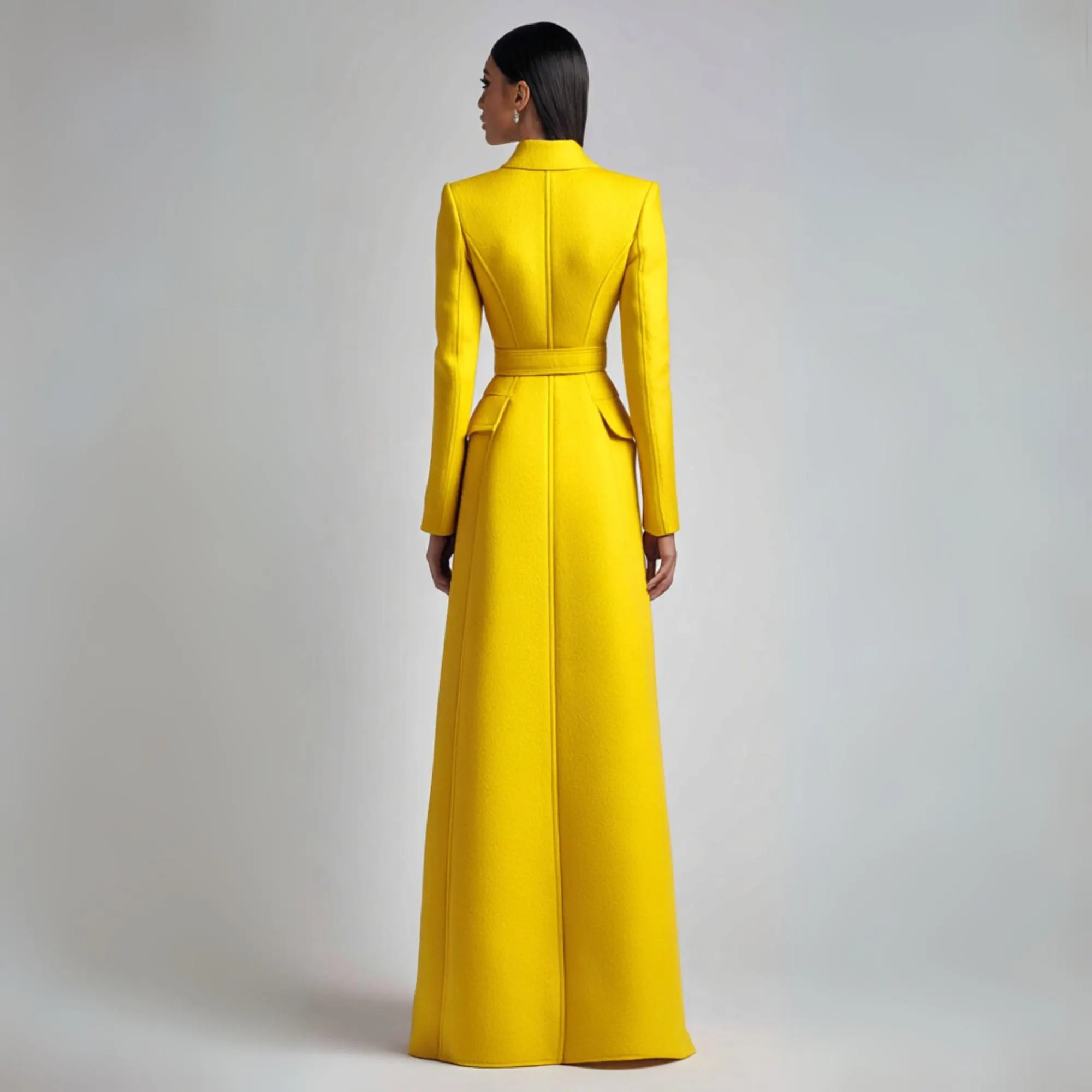 Women Bright Yellow Long Coat Customized Slim Fit Formal Business Blazer Coat For Lady Evening Party Prom Warm Wear One Piece
