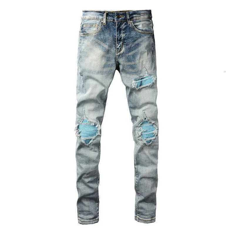 Mens Light Blue Pleated Patchwork Stretch Denim Jeans Streetwear Holes Ripped Pencil Pants Trendy Slim Skinny Trousers Y251105