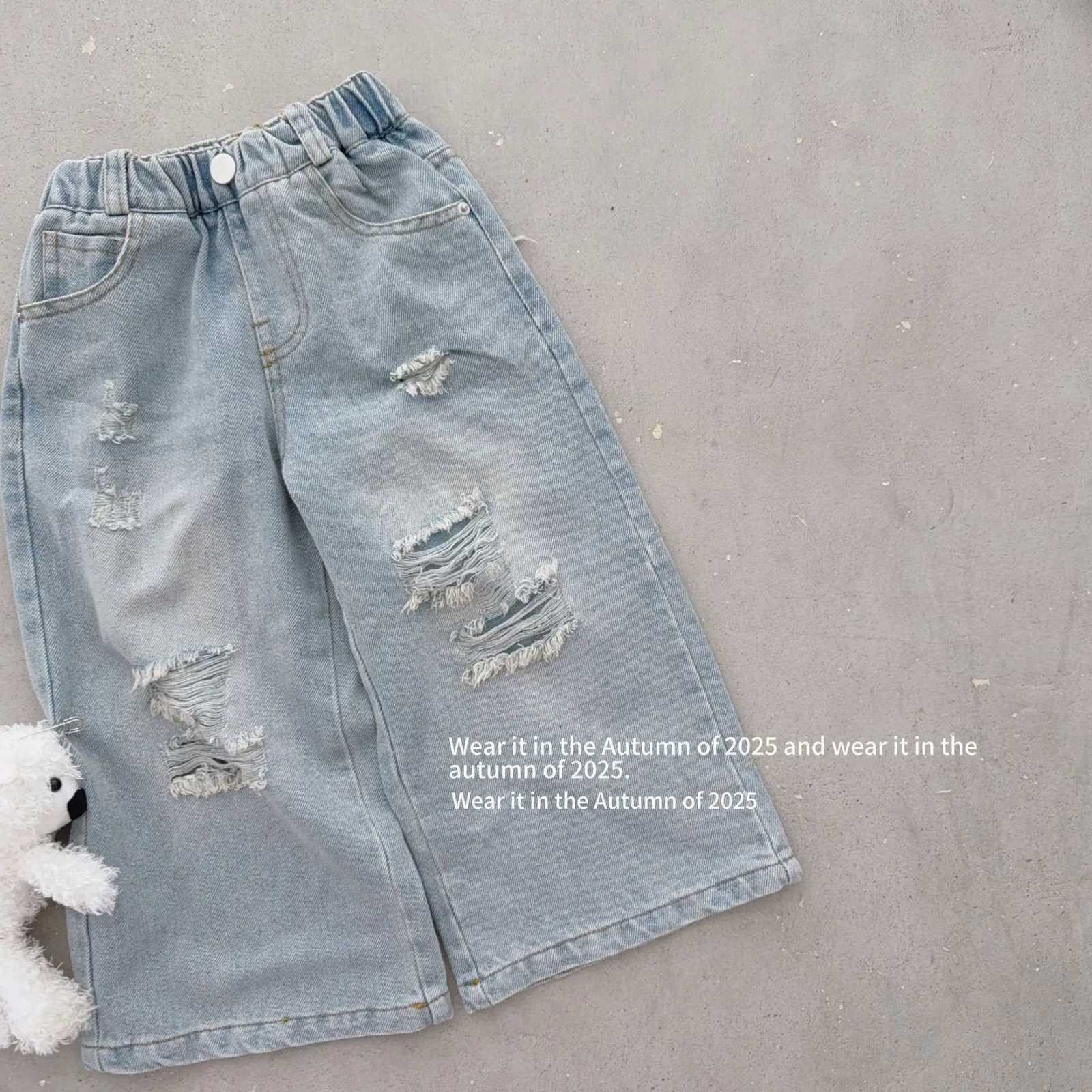 Girl Pants 2025 Autumn New Childrens Clothing Korean Style Girl Baby Fashion Ripped Jean Straight Pants Casual Simple DailyT251017