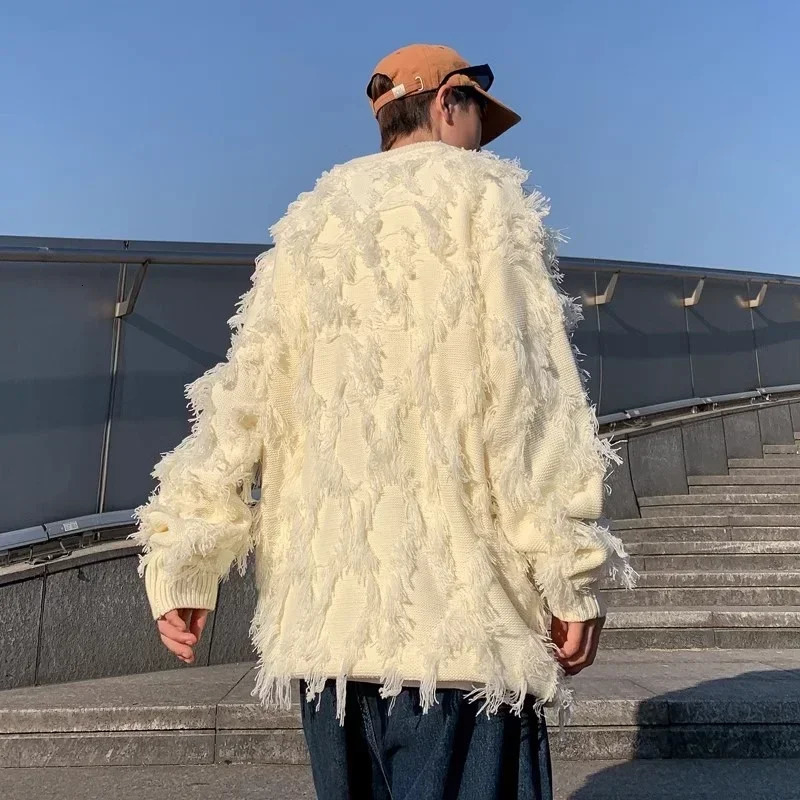 Winter Mens Ripped Fringe Raw Edge Sweater Hip Hop Fashion Knitwear Pullovers Y2K Vintage Streetwear Knitted Clothes 251017