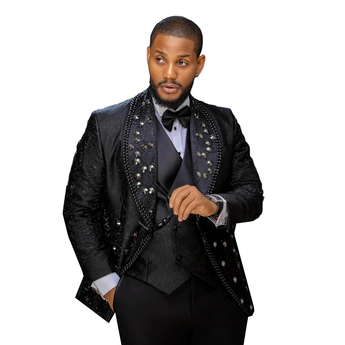 Elegance Jacquard Beaded Crystals Men Suits 3 Pieces Sets Groom Wedding Tuxedos Male Prom Party Blazers Customized Costume Homme