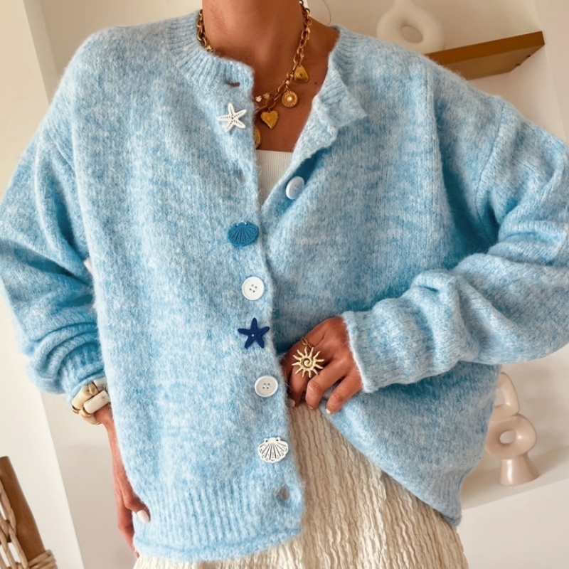 Women's Milk Blue Cardigan with Starfish Shell Buttons - Casual Outerwear for Spring Autumn Winter
