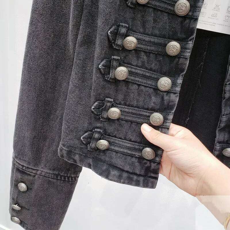 Vintage Stand Collar Black Denim Jackets Spring Autumn Women Double Breasted Slim Short Jeans Jacket Coat Female Cowboy Outwear