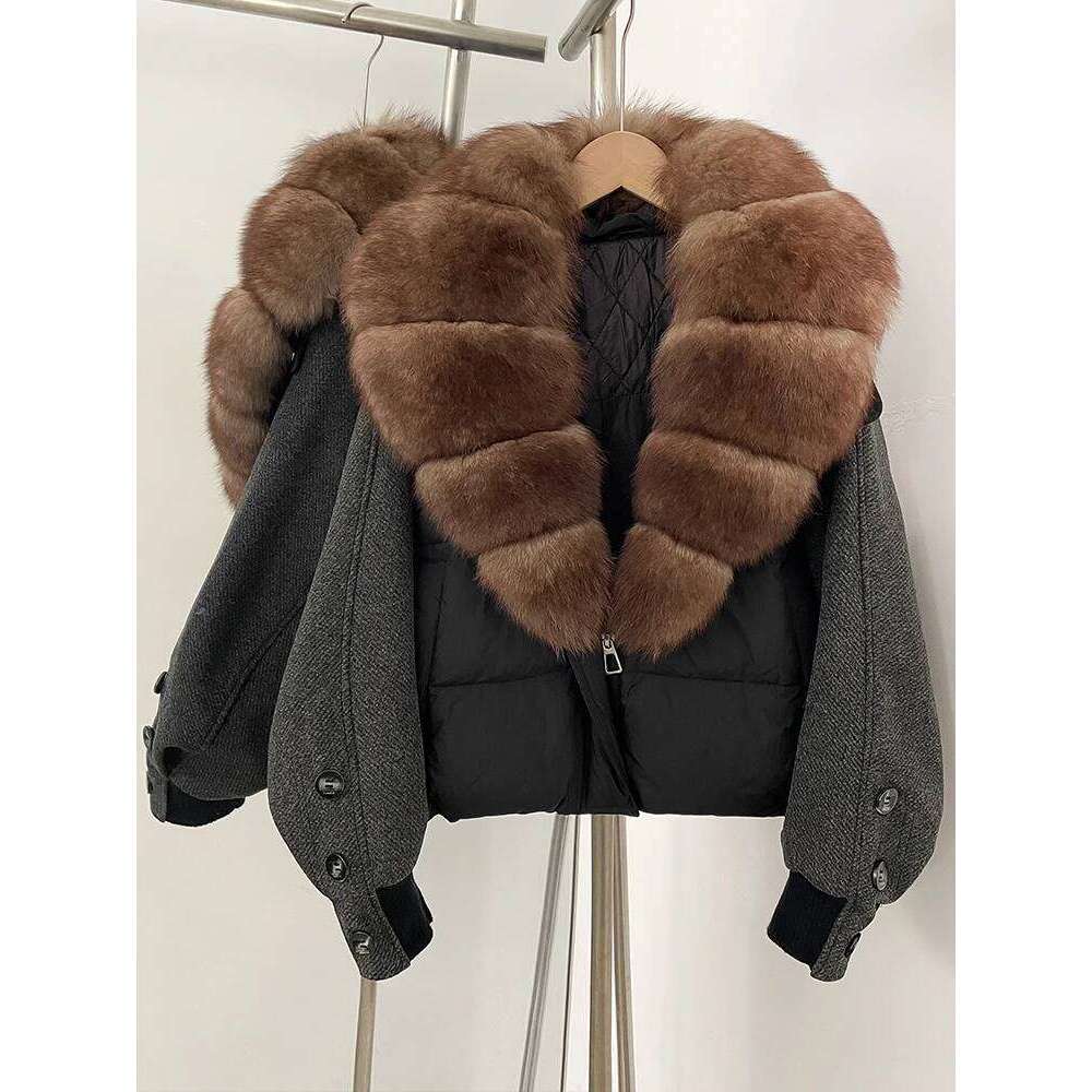 Loose Patchwork Sleeves Natural Real Fur Collar Down Coat Female New Autumn Winter Warm Clothes Women Thick Puffer Jacket