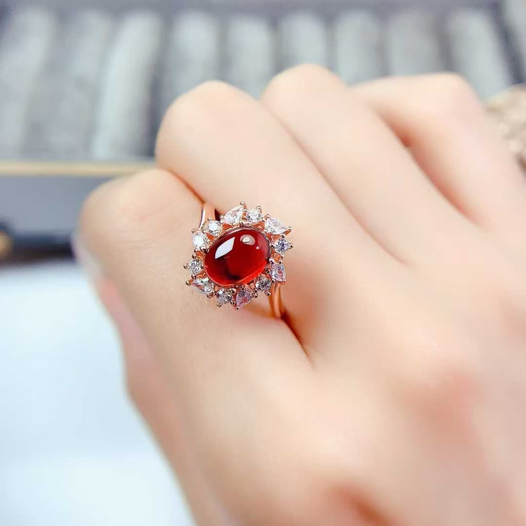 Cabochon garnet ring real 925 silver gemstone jewelry with 18K gold plating 7mm*9mm natural garnet ring with certificate