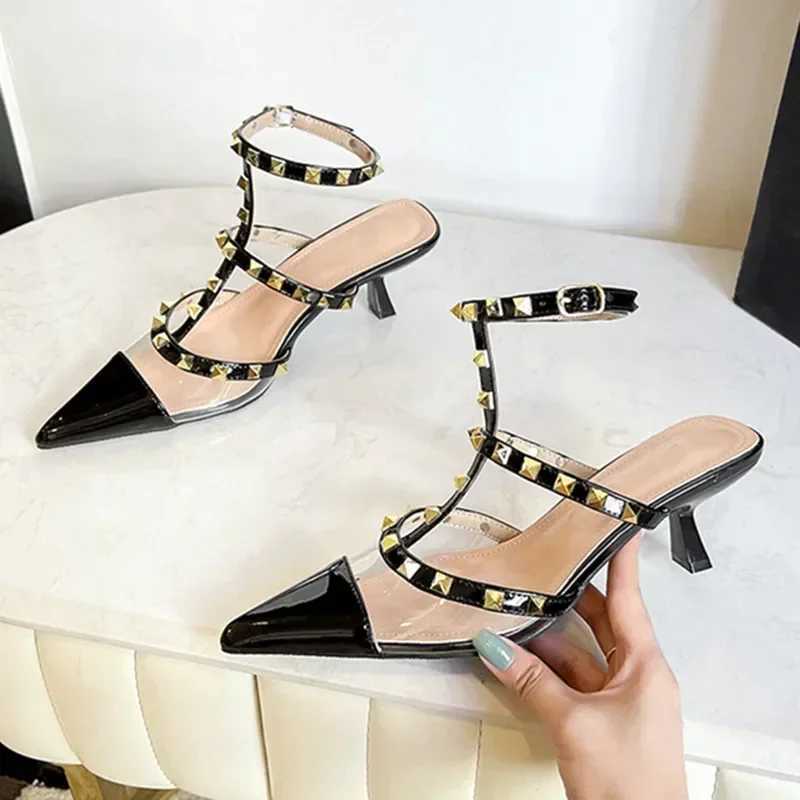 Original Brand Designer Metal Rivet Decoration High Heels Women Sexy Pointed Toe Patent Leather Ankle Strap Thin Heeled Sandals Z251015