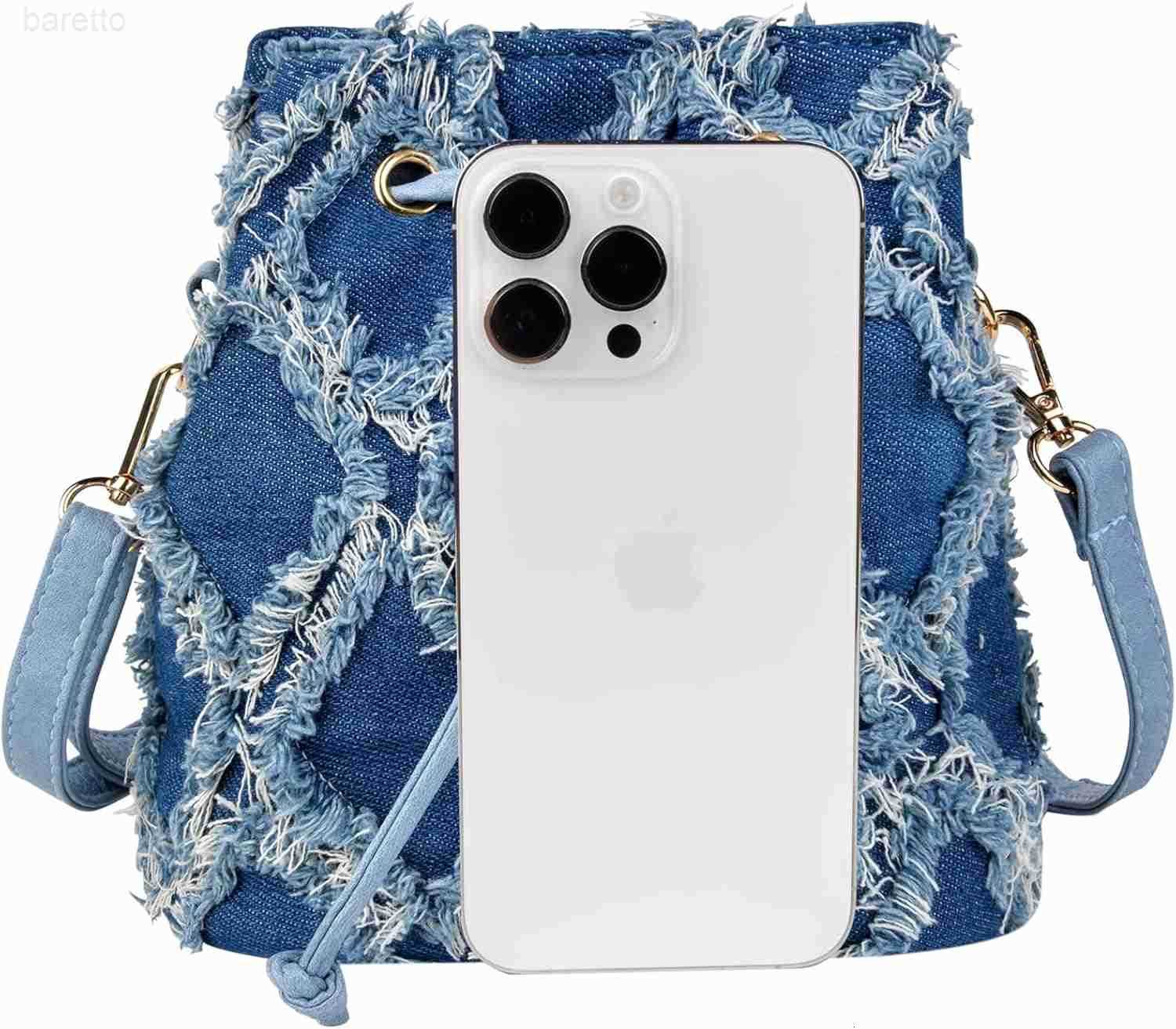 Women Denim Mini Bucket Bag Crossbody Purse Shoulder Handbag Drawstring Quilted Tassel Barrel Shape Satchel Tote Bag Z251017