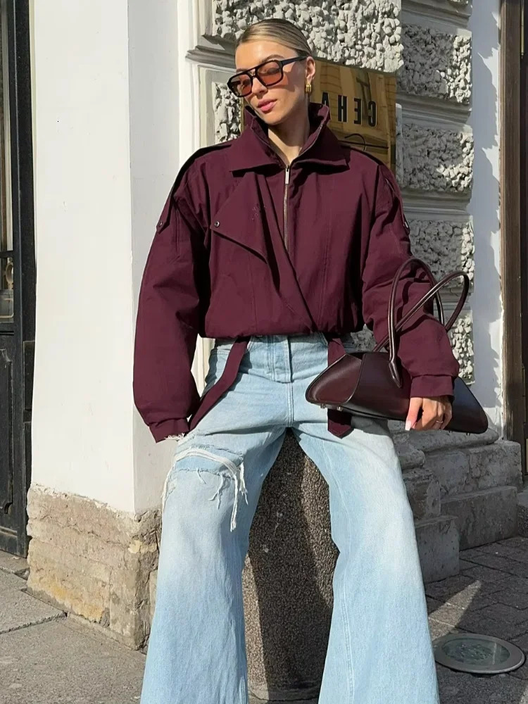 Fashion Wine Red Zipper Loose Overcoat Women Chic High Collar Long Sleeve Lace Up Elastic Waist Jacket Female Commute Daily Coat 251017