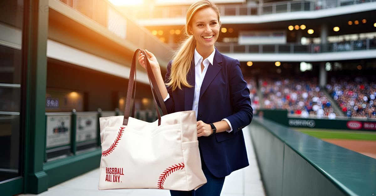 XL Baseball Mom Tote Bags For Women Canvas Utility Purse Handbag with Pockets M251017