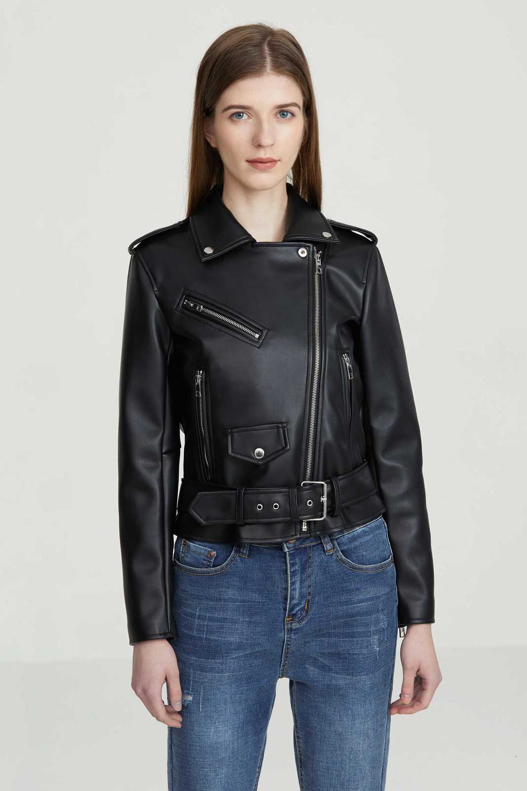 Womens Moto Biker Black Punk Coat Lady with belt Leather Jacket Faux PU Leather OuterwearT251017
