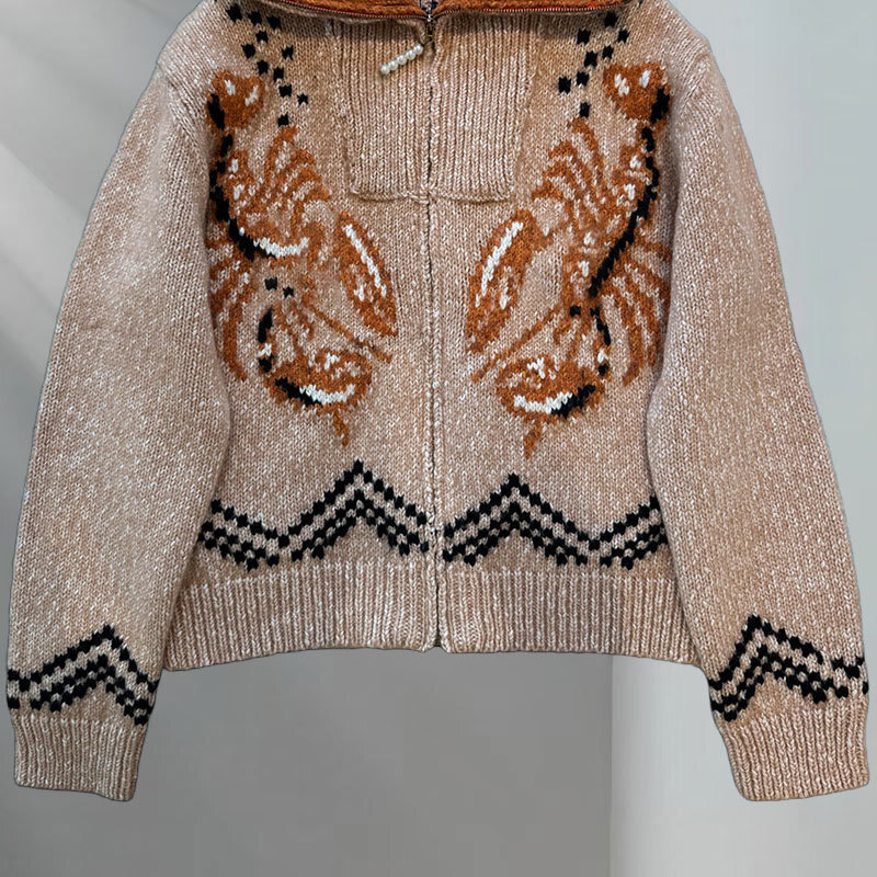 Luxury Designer Women's Cotton Wool Blend Zip Up Knit Jacket Chic Contrast Notch Collar Long Sleeve Jacquard Outerwear Classic Loose Warm Breatha