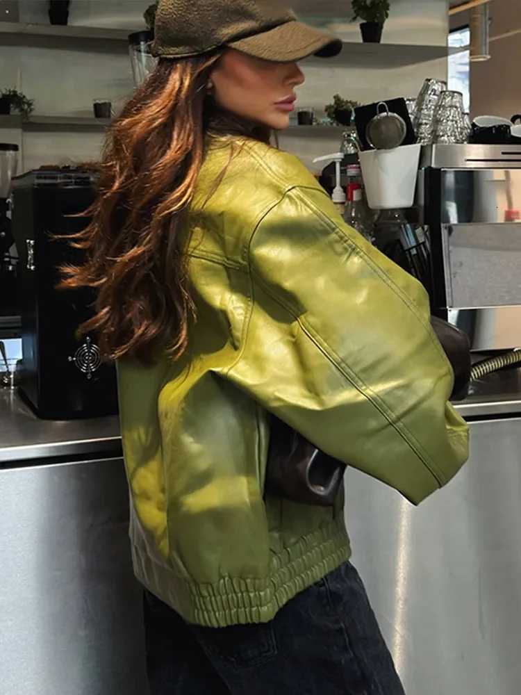 Green PU Leather Jacket Women Loose Lapel Full Sleeves Button Female Jackets Autumn Fashion Loose Solid Street Lady CoatT251017