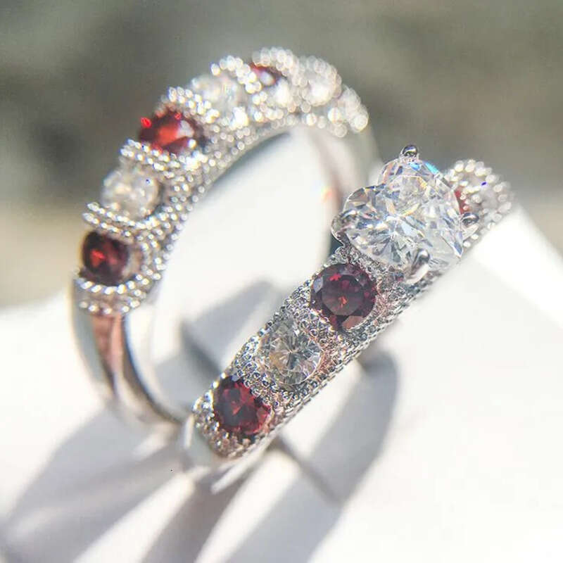 Drop Shipping High Quality Vintage Fashion Jewelry Sterling Sier Pear Cut Topaz&Ruby CZ Gemstones Women Wedding Bridal Heart Ring Set