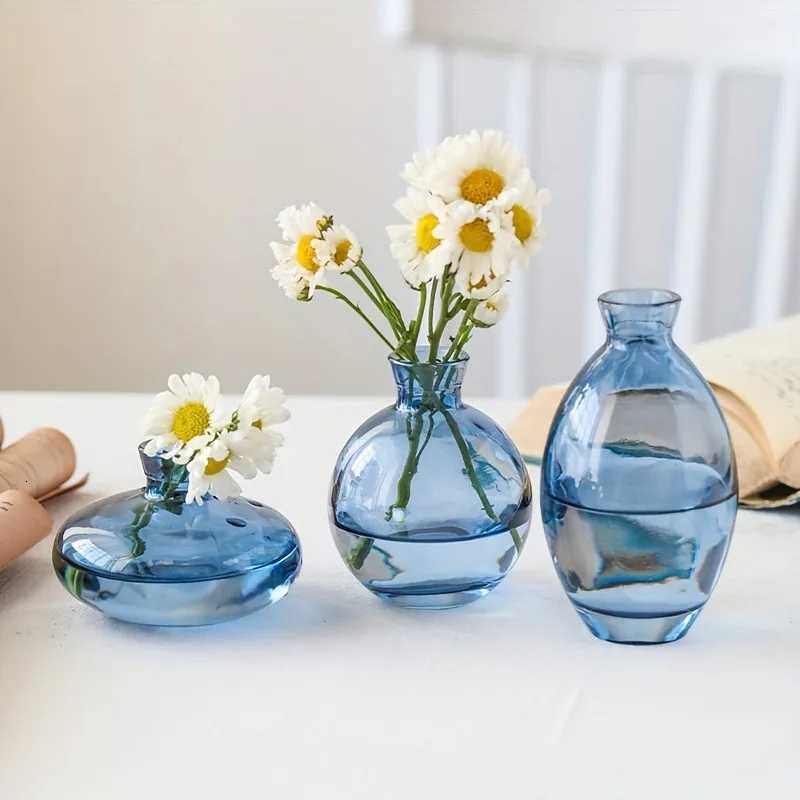Small Glass vase Transparent Creative hydroponic Dried Flower vase Colorful ThreePiece Set of Decorative Ornaments Blue C251017