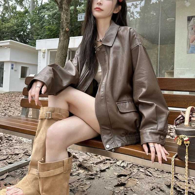 New American Retro Faux Leather Jacket Women Autumn Y2K Long Sleeve Pu Jackets Woman Stylish Loose Zipper Moto Biker Coats MujerT251017