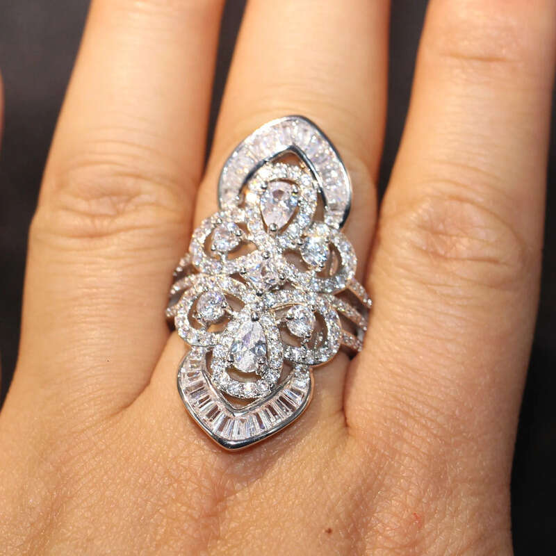 Brand New Jewelry Sterling Sier Pear Cut White Topaz CZ Dia Gemstones Princess Office Sparkling Wedding Wide Band Ring