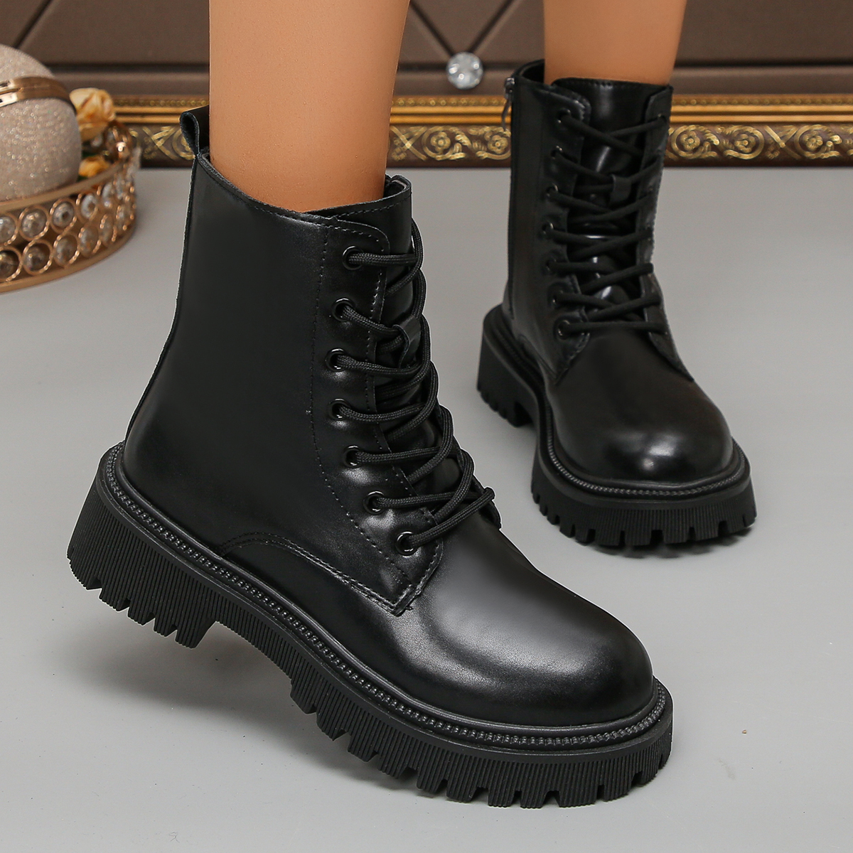 Women's 2025 Fall/Winter New Arrival British-Style Chunky-Heeled Lace-Up Short Boots with Side Zipper - Plus Size