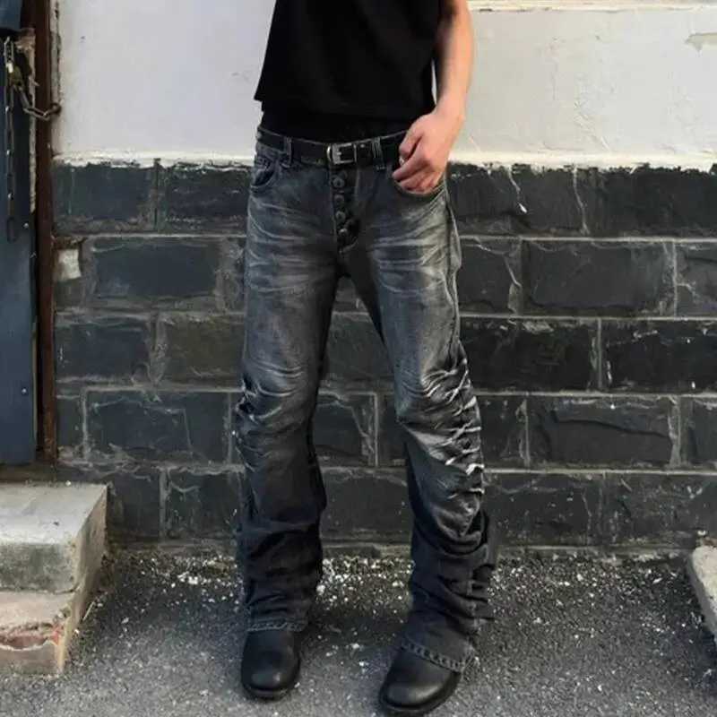 FEWQ 1 Style Mens Denim Pants Washing Button Design Pleated Loose Jeans Contrast Color Casual Male Bottom Vintage 4K51561 Y251105