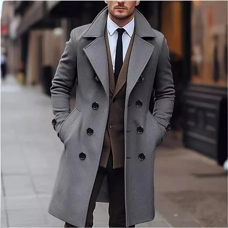 Autumn and Winter Mens Woolen Coat with Double Row Buttons Lapel Long Sleeve Solid Color Windbreaker Pockets Double Breasted 251015