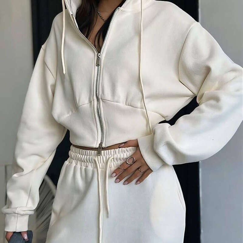 Autumn New Casual Women's Long Sleeve Zipper Hooded Sweatshirt Solid Color Drawstring Pants Two-Piece Set B5