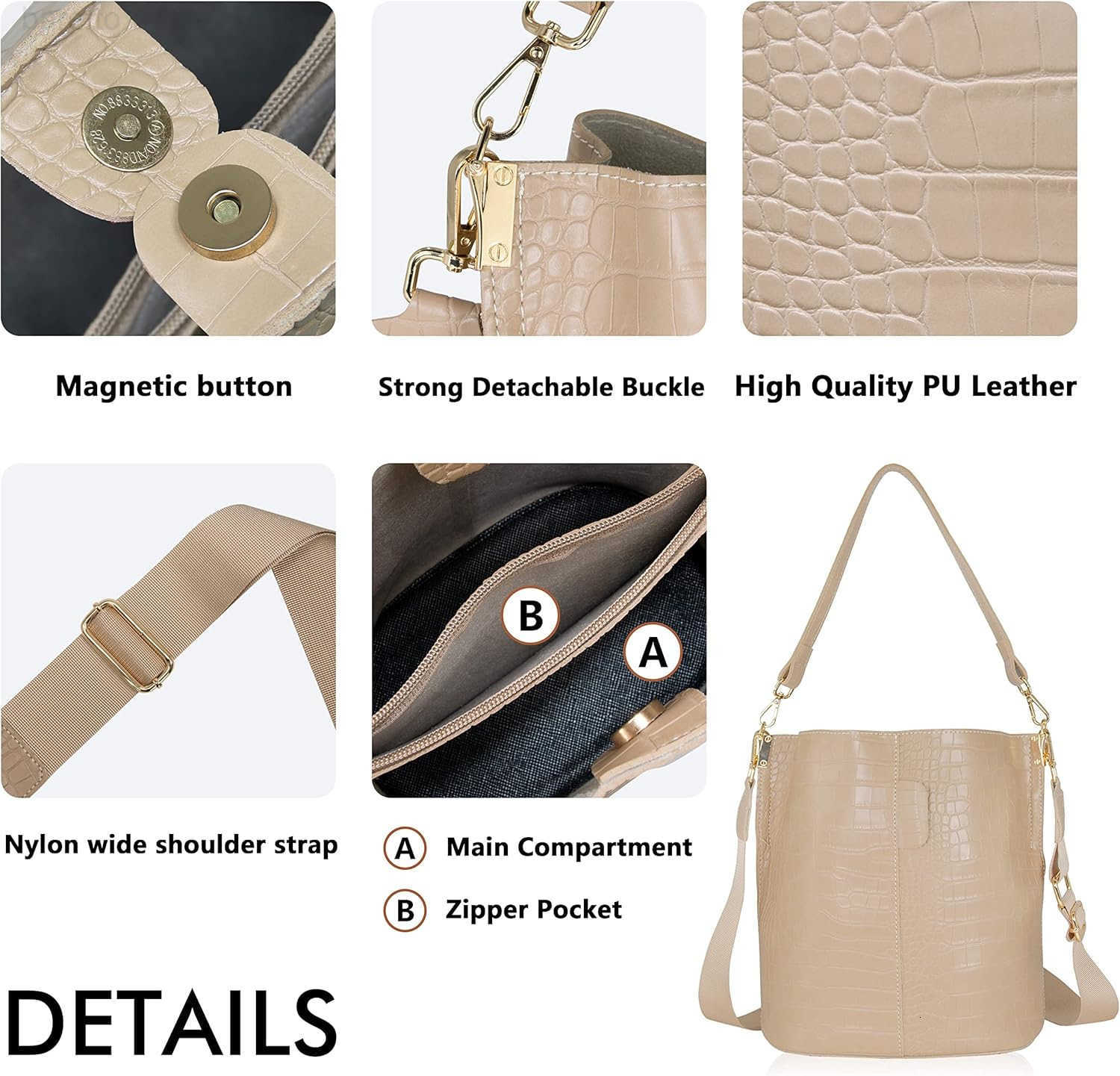 Womens Bucket Bag and Purses Crocodile Leather Crossbody Shoulder Handbags with 2 Straps Large Capacity Retro Z251016