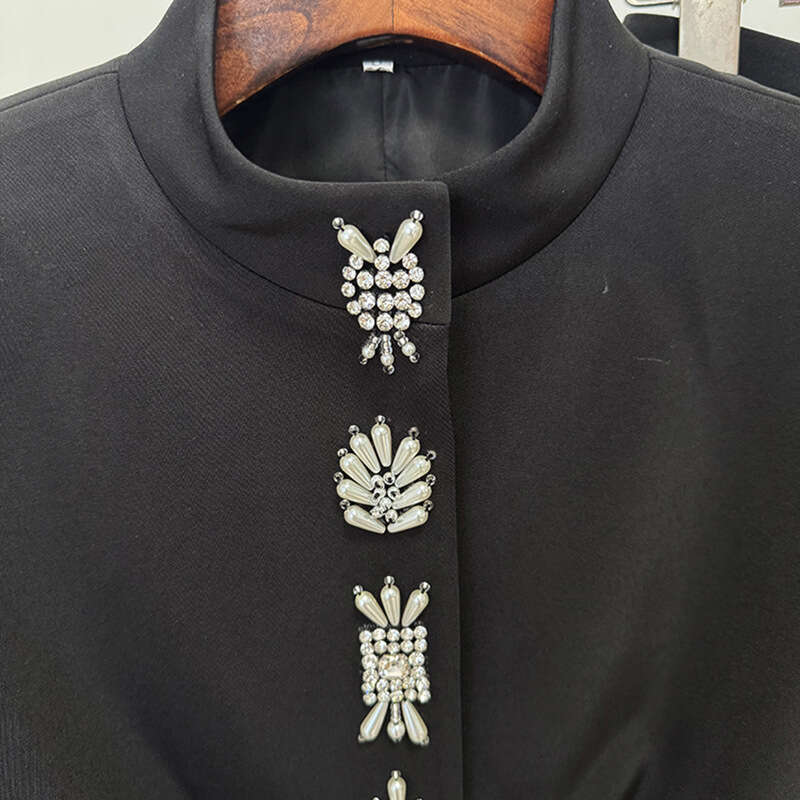 2025 Early Autumn New Celebrity Fashion Beaded Rhinestone Stand Collar Jacket Coat Long Pants Set