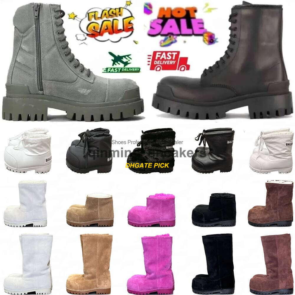 10A Designer Strike Tractor Boots Alaska Fur Bootie High Boots Winter Snow Fall Fluffy Furry Calfskin Thick Rubber Sole Women Ankle Lace Up Boot