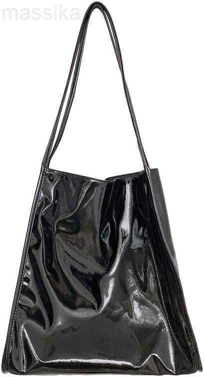 Women Patent Leather Bag Soft Tote Bag Shiny Shoulder Bag Minimal Purse Fashion Handbag M251017