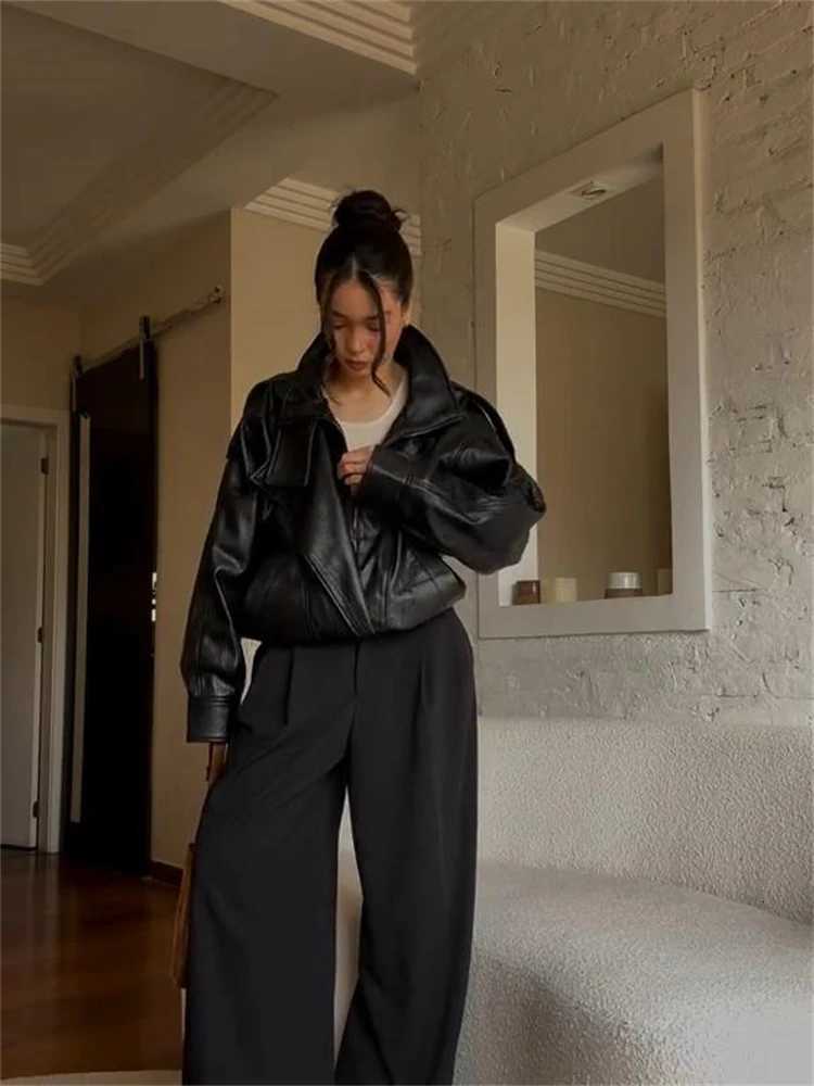 Chic Stand Collar Cropped Leather Jacket Coat Oversized Zipup Short Outerwear Autumn High Street Stylish Womens Fashion OutfitT251017