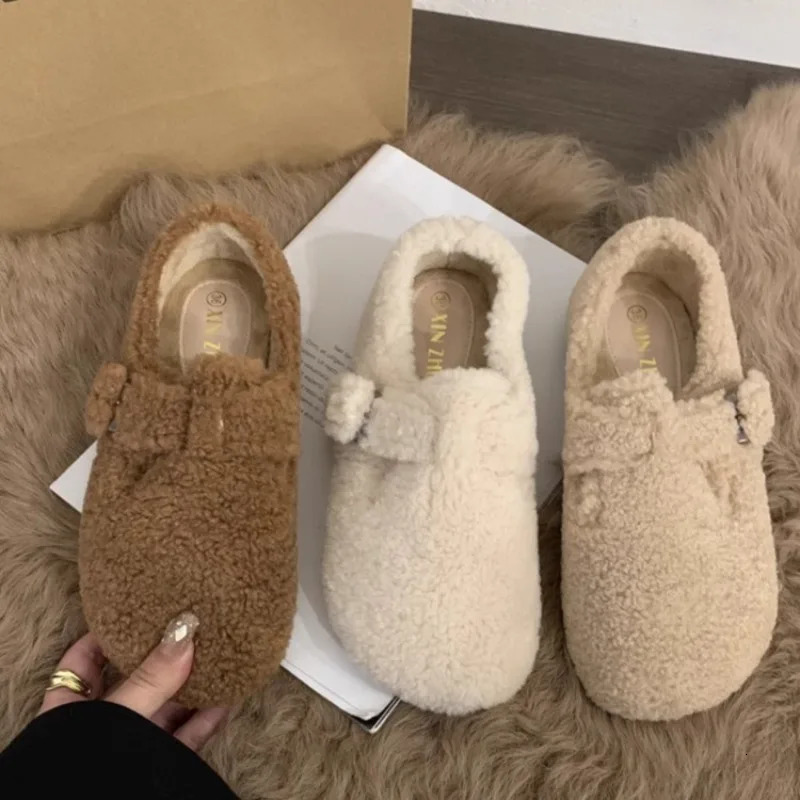 Style Fashion Womens Round Toe Wool Ballet Flats Ladies Fur Mary Jane Shoes Woman Winter Warm Plush Loafers 251013