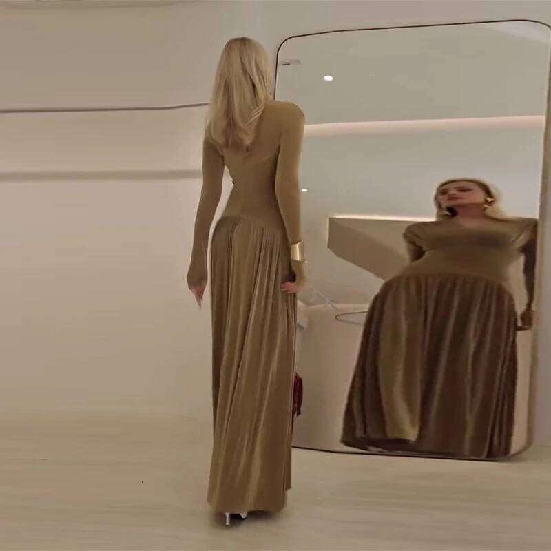 Slimming V Neck Long Sleeve Pleated Patchwork Dress Elegant Bodycon Party Dresses For Women Evening Wear tail Clothing