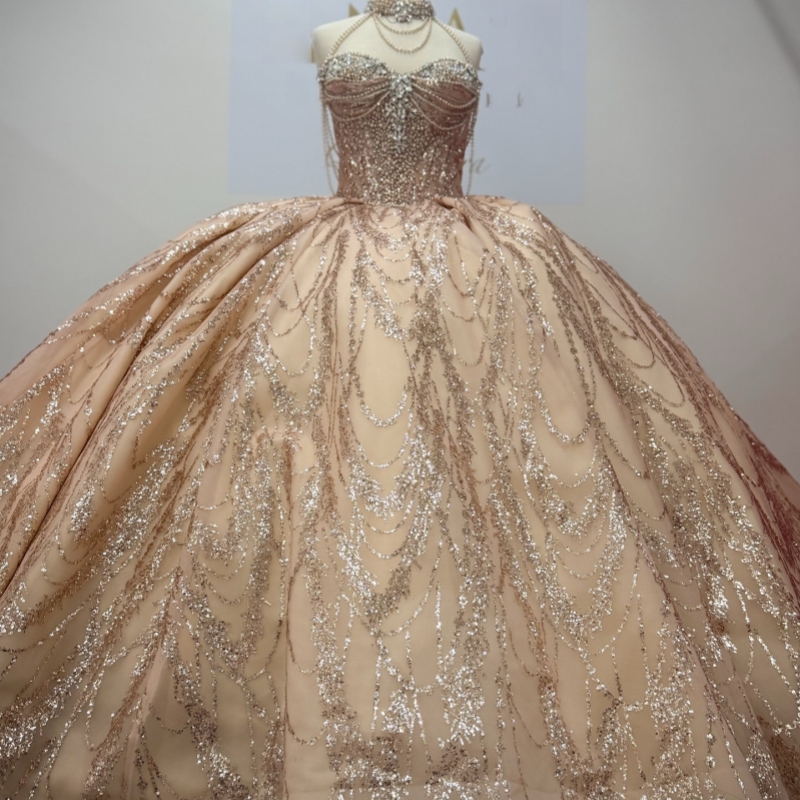 Champagne Shiny Quinceanera Dresses Off The Shoulder Sequin Applique Lace Beading Crystal Tull Party Birthday Sweet 16 Dres Vestidos 15 De Anos