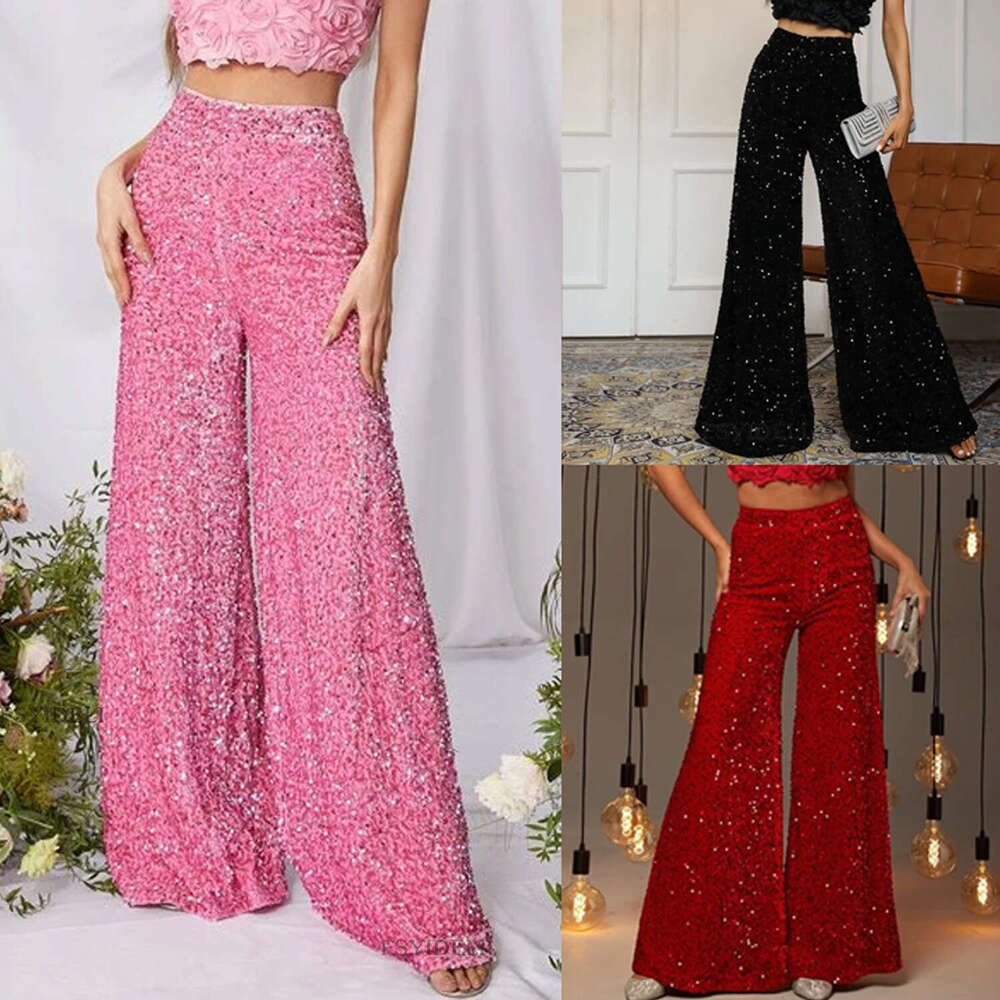 Summer High Waist Slimming Long Women, Solid Color Sequin Fashion Casual Wide Leg Pants For Women B5