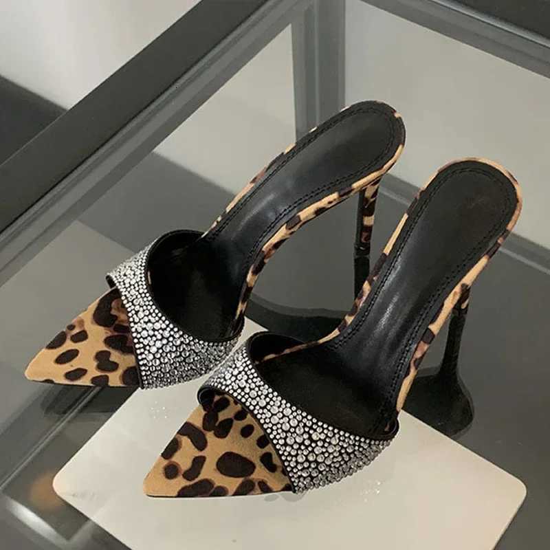 Sexy Leopard Print Pointed Toe High Heels Slippers Women Crystal Rhinestone Design Summer Sandals Dress Party Shoe Mules Slides Z251015
